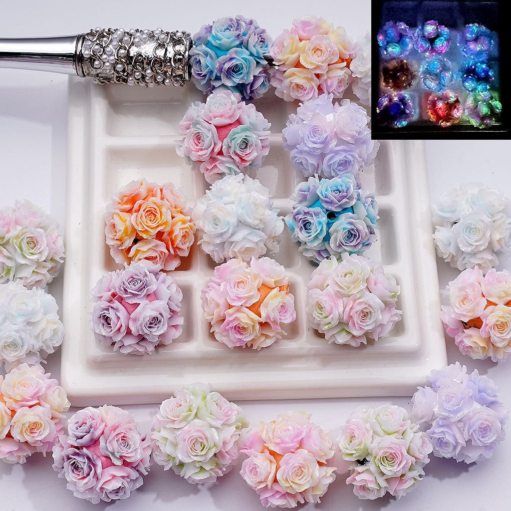 z-Luminous Glitter Soft Rose Flower Clay Beads, 20MM, Random Mix