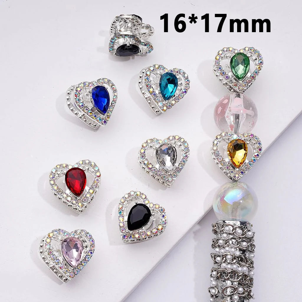 z-Silver Metal Beads Heart Shape with Colorful & AB Rhinestones, 16*17 MM Random Mix