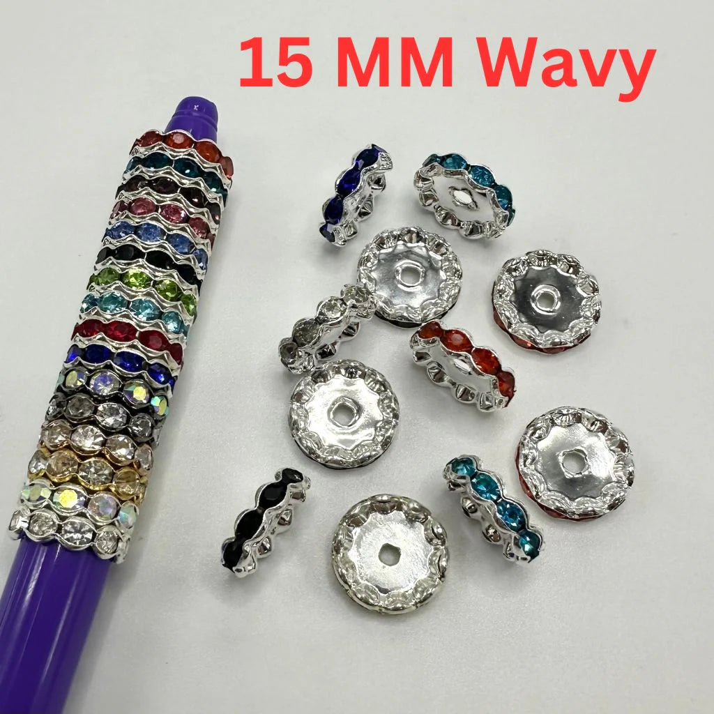 z-Crimp Beads, Metal Wave Shape Spacers with Rhinestones in Solid Colors, 15mm