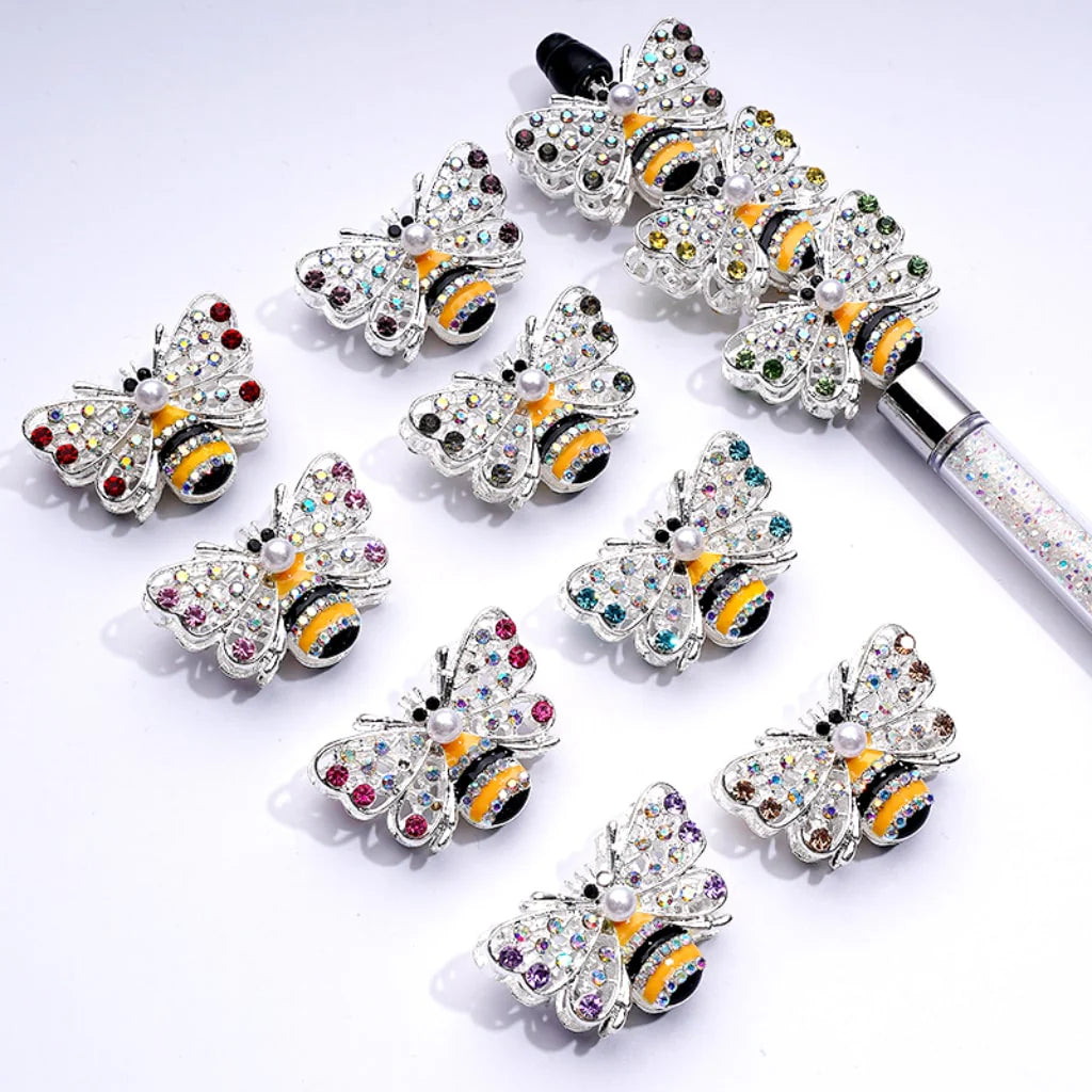 z-Silver Metal Beads Exquisite Mini AB and Multi-Color Shiny Rhinestones with Fancy Cute Bee White Pearls 32×23MM Random Mix