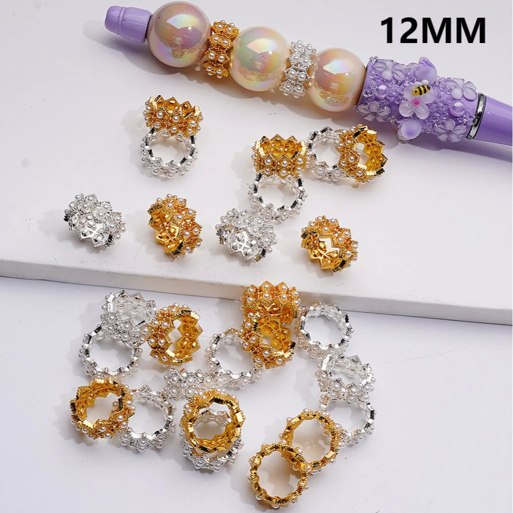 z-Gold & Silver Metal Beads Fancy Crown Spacer with White Pearls, 12 MM