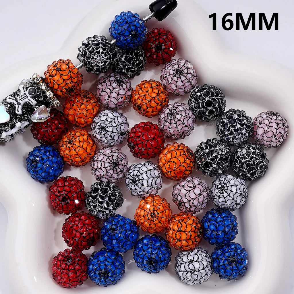 z-Halloween Clear Rhinestones Black White Spider Web Stripes Round Acrylic Beads in Solid Color, 16MM