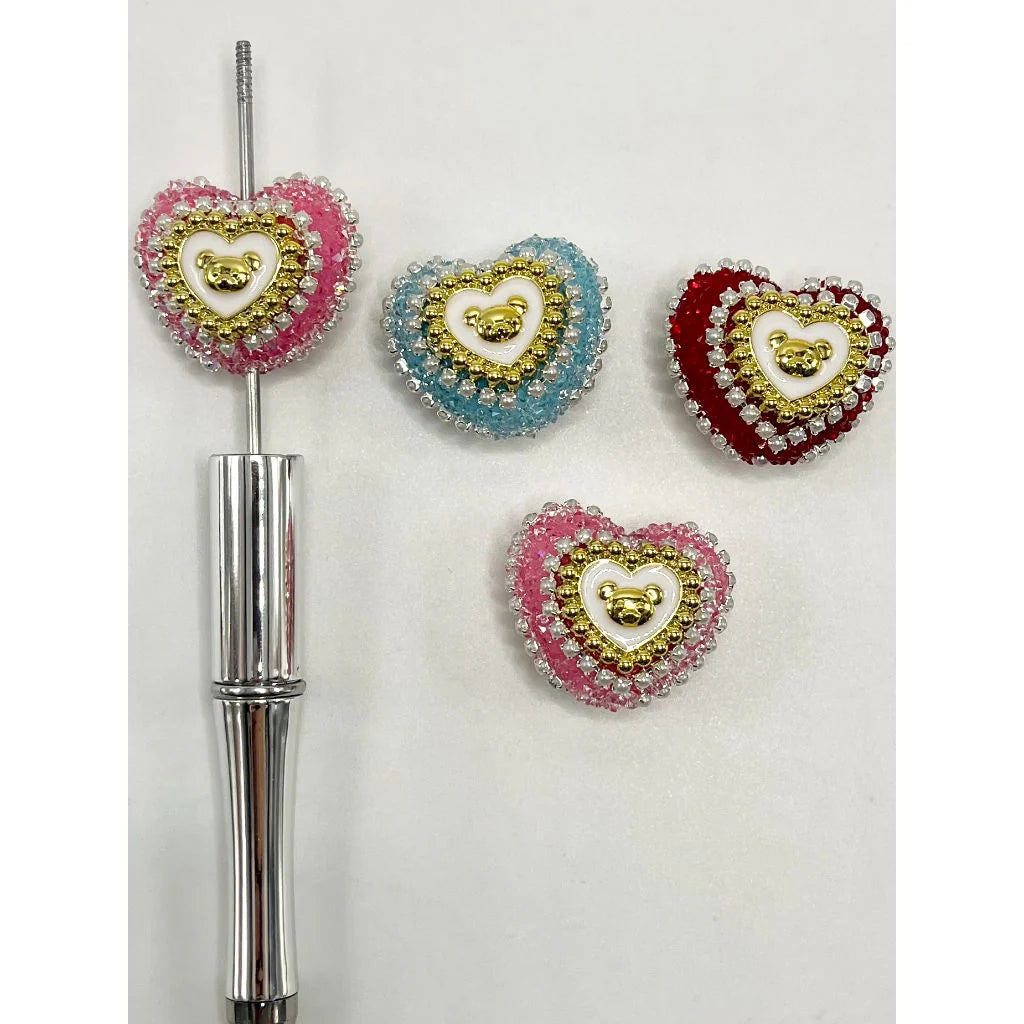 z-Sugar Heart Acrylic Beads with Gold Bear & Chain, Random Mix Color, MG