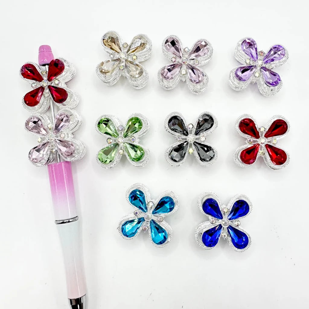 z-Silver Metal Beads Bling Bling Large Diamond with Double-Sided Hollow Four-Petal Flower & AB Color Rhinestones 28×22MM, Random Mix
