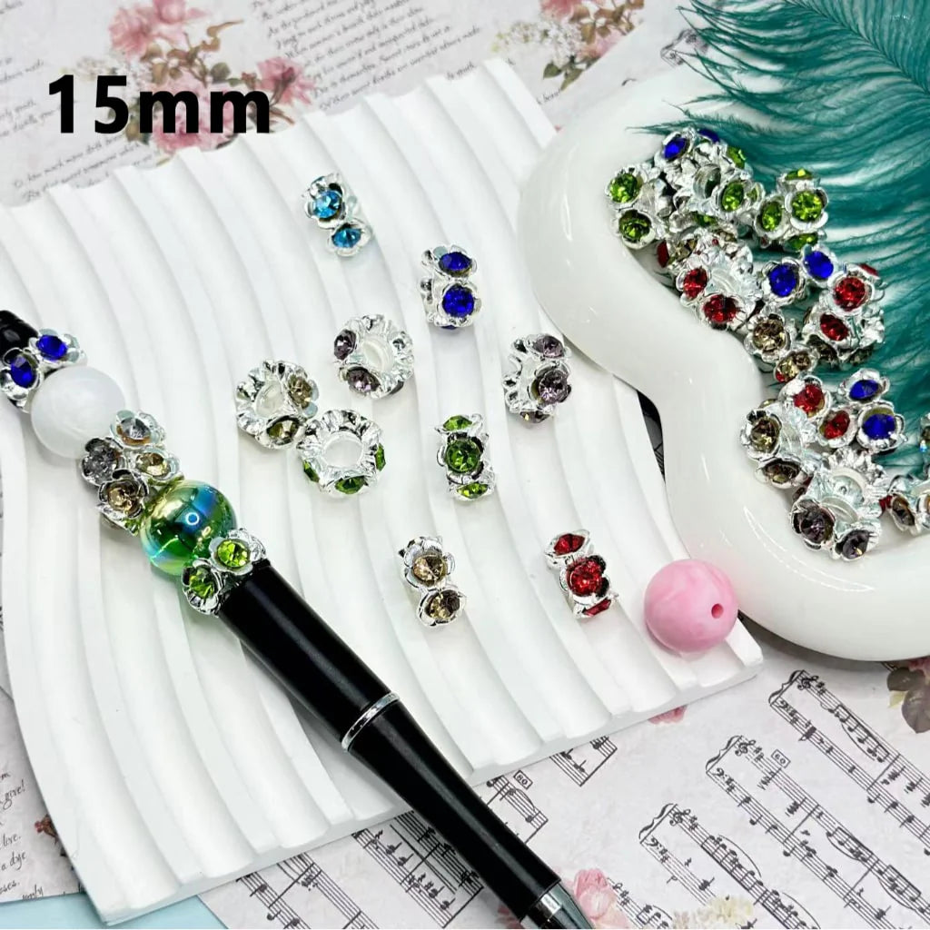 z-Delicate Metal Spacer with Flowers Shiny Rhinestones Inside , Random Mix, 15MM