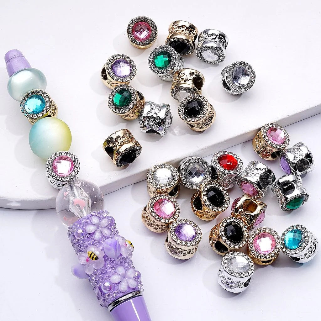 z-Gold Metal Beads Cylinder Shape Spacer with Colorful Rhinestones, Large Hole 10 MM