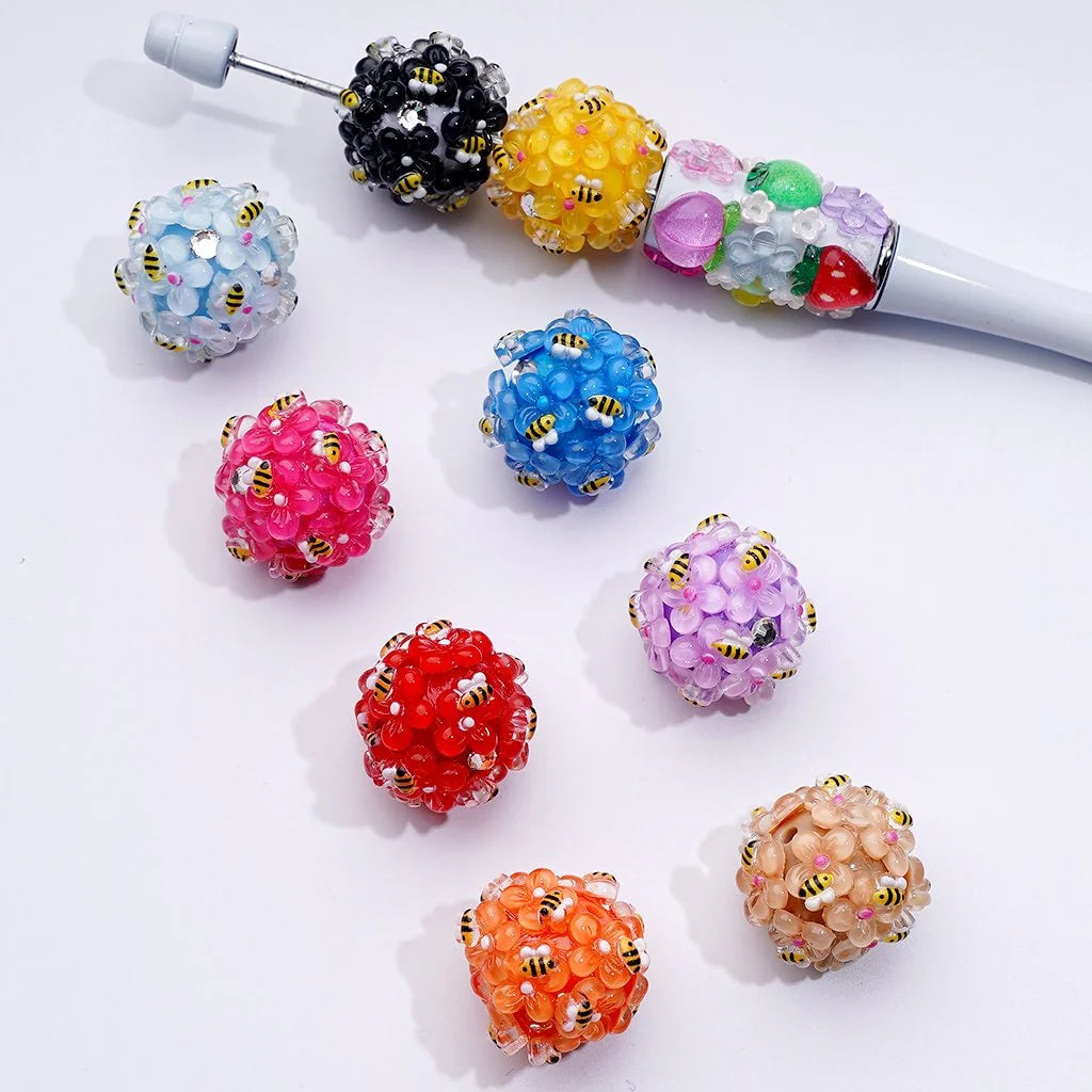 z-Mini Cute Flowers Bees Clear Rhinestones Round Acrylic Beads in Solid Color, Around 20MM