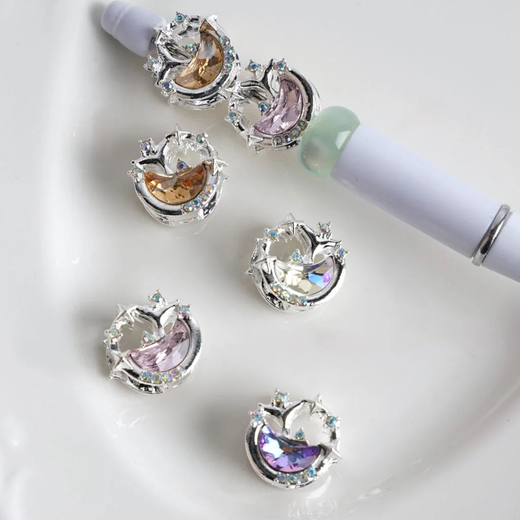 z-Silver Color Metal Beads with Crescent Moon & Stars with Colorful AB Rhinestones,17 MM