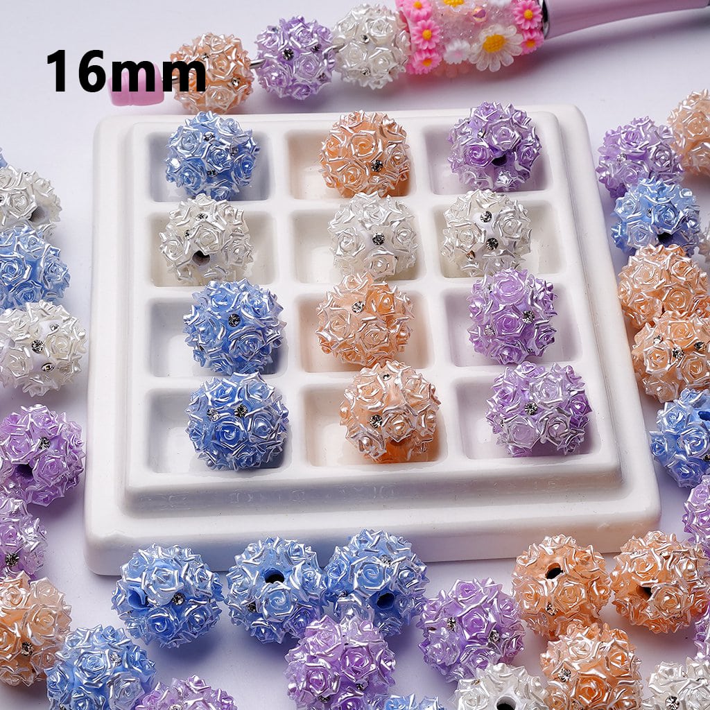 z-Mini Cute Rose Flower Clear Rhinestones Round Clay Beads, 16MM, Random Mix