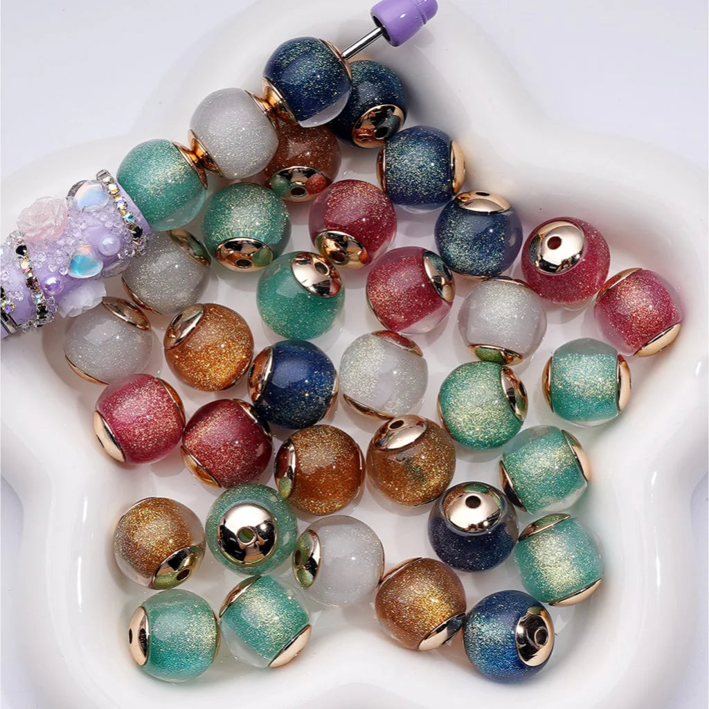 z-Glitter Sugar Core Inside Round Acrylic Beads with Mini Gold Alloy Spacer, 16MM