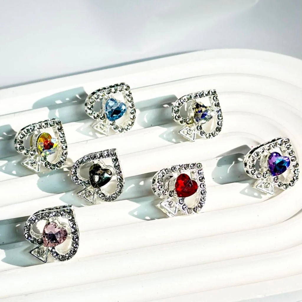 z-Silver Metal Beads with Bling Bling Clear Rhinestones Spade and Colorful Hearts 20×19MM Random Mix