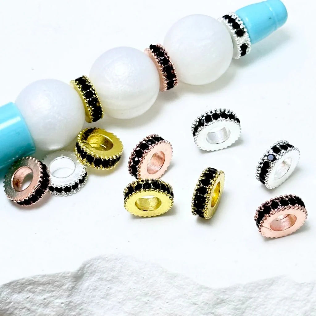 z-Gold Silver Rose Gold Gear Wheel Shape Metal Spacer with Mini Black Rhinestones, 10MM