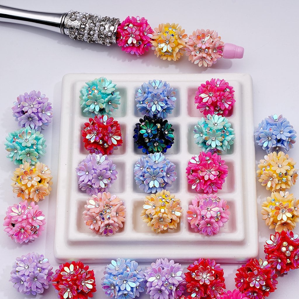 z-UV Coating Shiny Flowers AB Clear Rhinestones Round Clay Beads, 20MM, Random Mix