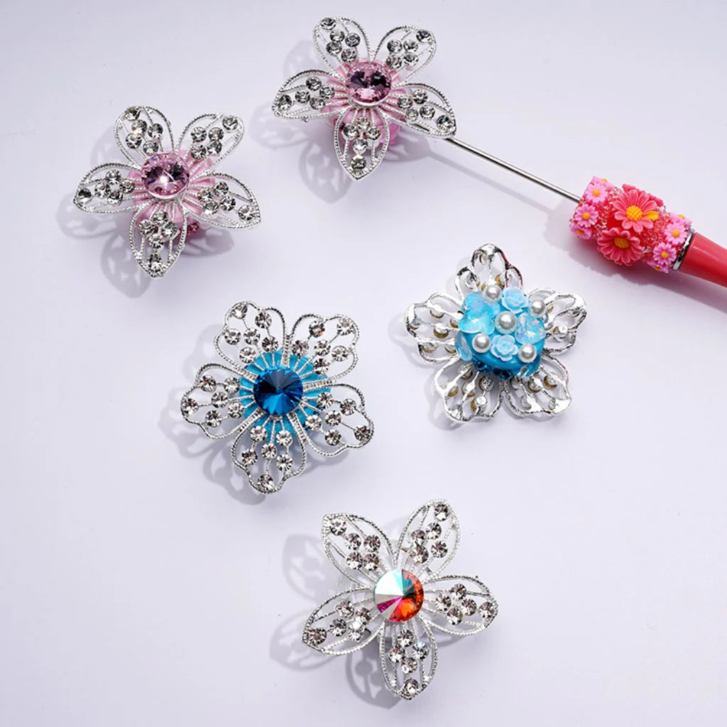 z-Bling Bling Fancy Silver Alloy Flowers with Mini Clear & Colorful Rhinestones Cute Hearts Butterflies Flowers White Pearls Clay Beads, Around 48MM