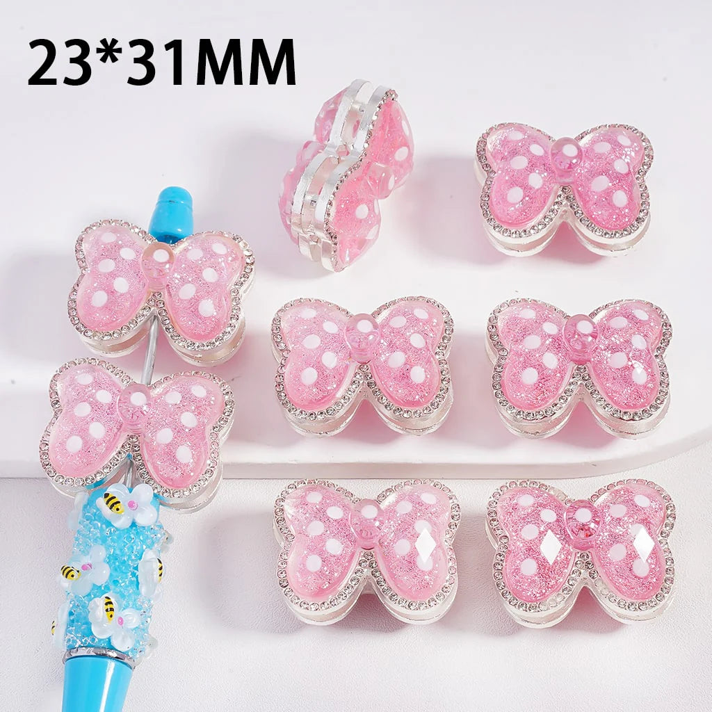 z-Silver Color Metal Beads with White Polka Dots over Glittery Pink Butterfly & Clear Rhinestones, 23*31MM
