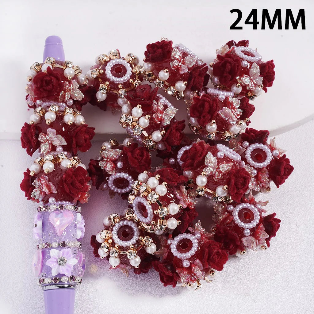 z-Acrylic Beads with Fluffy Rose Flowers and Glittery Butterflies, 24MM, Metal Chain with Rhinestones and White Pearls