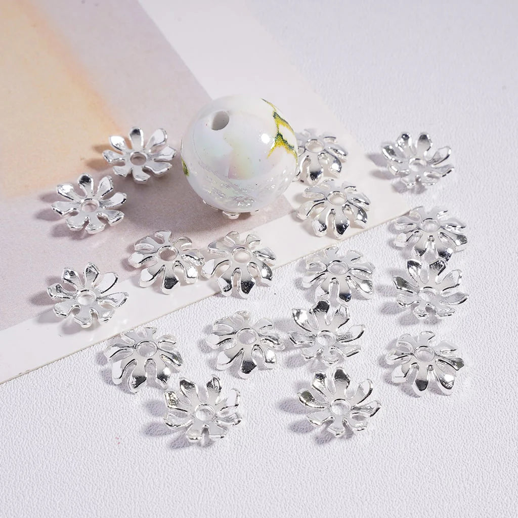 z-Metal Eight-Petaled Flower Shape Spacer for Beads, Alloy Bead Cap, 10MM, Silver (They Fit 16MM Beads)
