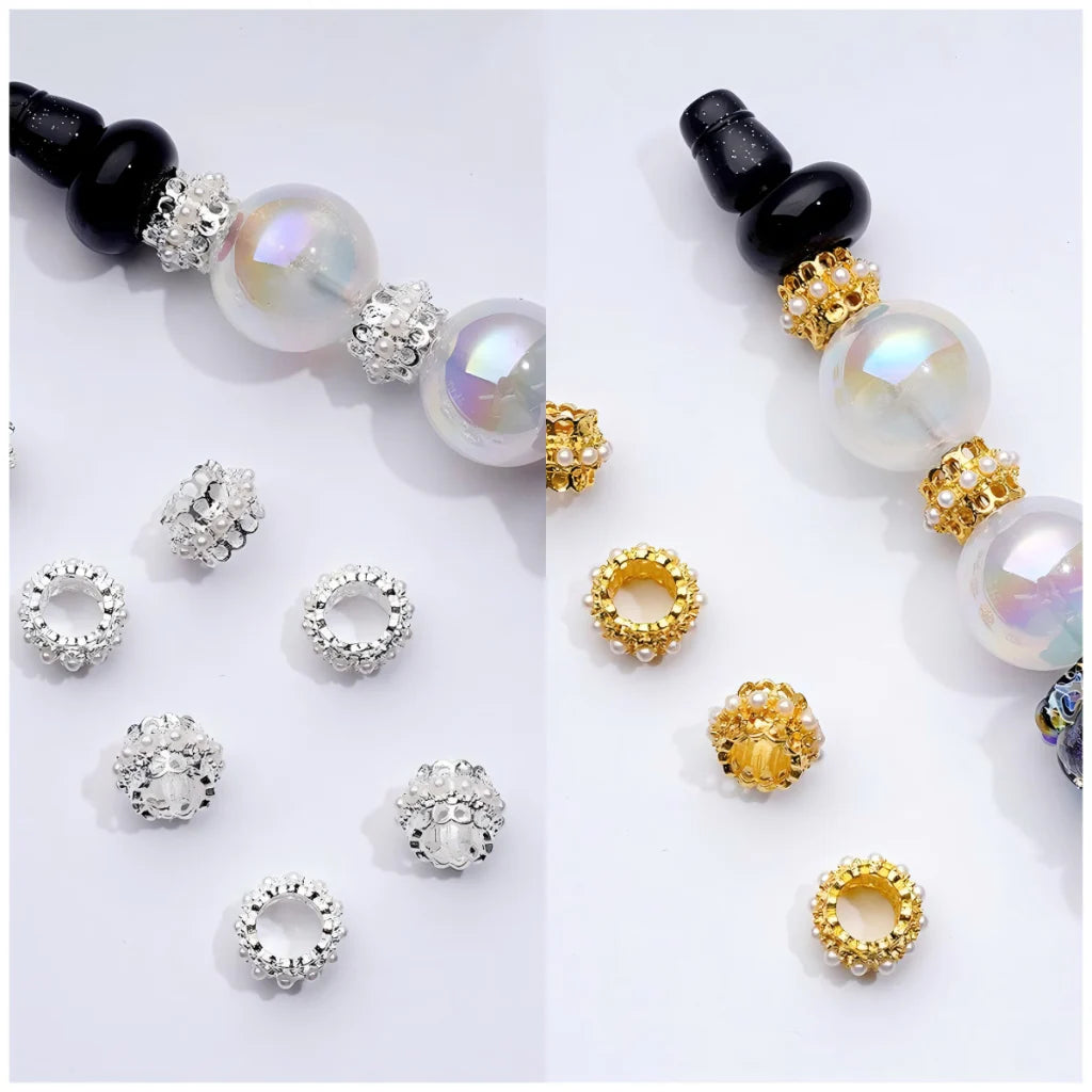z-Mini Cute Gold Silver Metal Crown Shape Spacer with White Pearls, Around 10MM