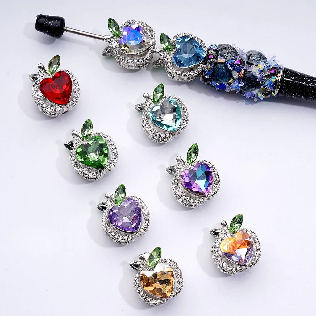 z-Silver Color Metal Beads with Apple Shape with Mini Clear & Multi‑Color Heart Rhinestones, 17*19 MM