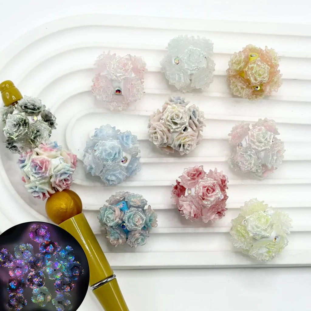 z-Luminous Ombre Color Glitter Flowers AB Rhinestones Round Clay Beads, Random Mix, Around 24MM