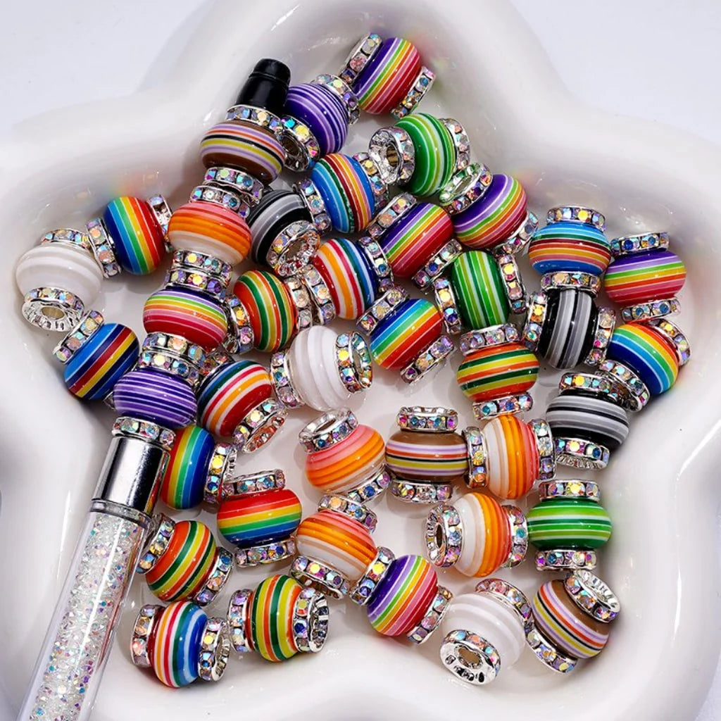 z-Rainbow Color Wheel Abacus Acrylic Beads Flat Silver Metal Spacer with AB Rhinestones, 12MM, Random Mix