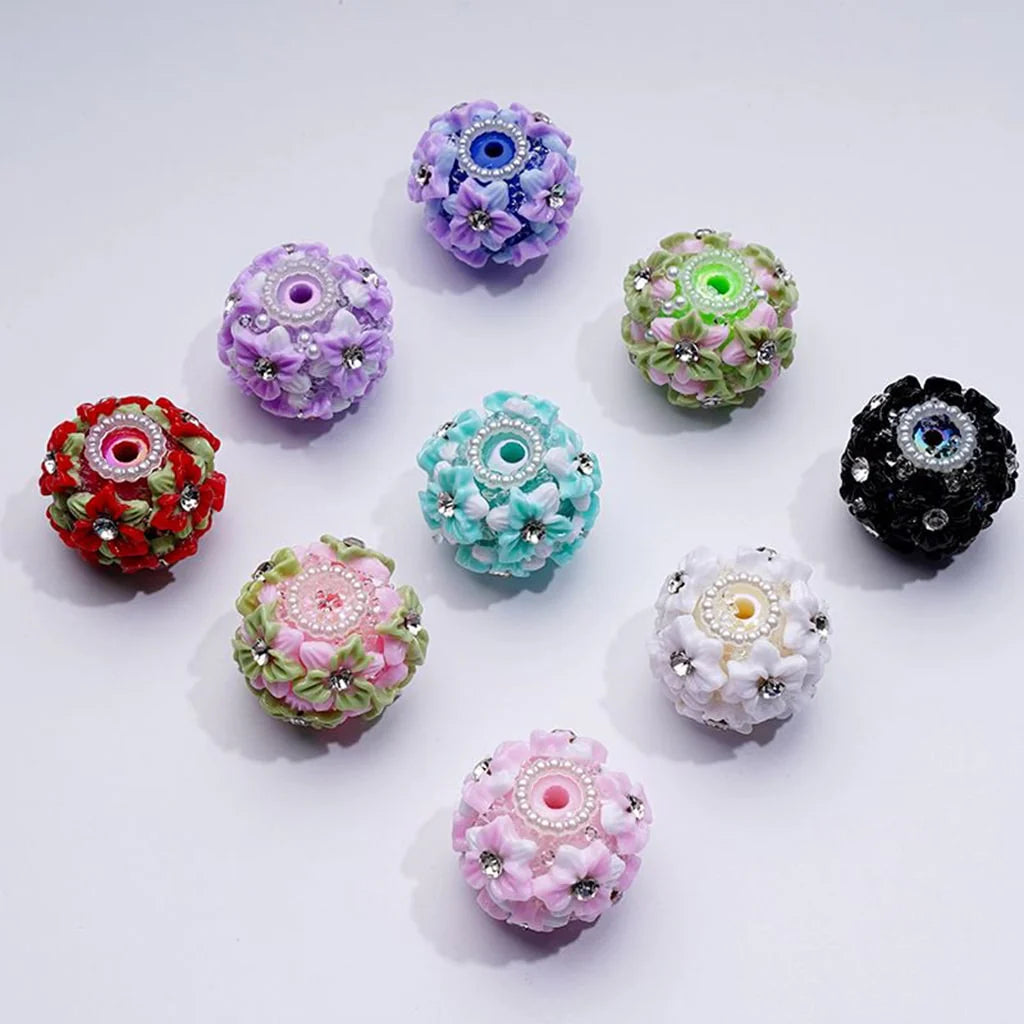 z-Multi-Color Cute Flowers Clear Rhinestone Inside White Pearls Ring Clear Sugars Round Clay Beads, 20MM