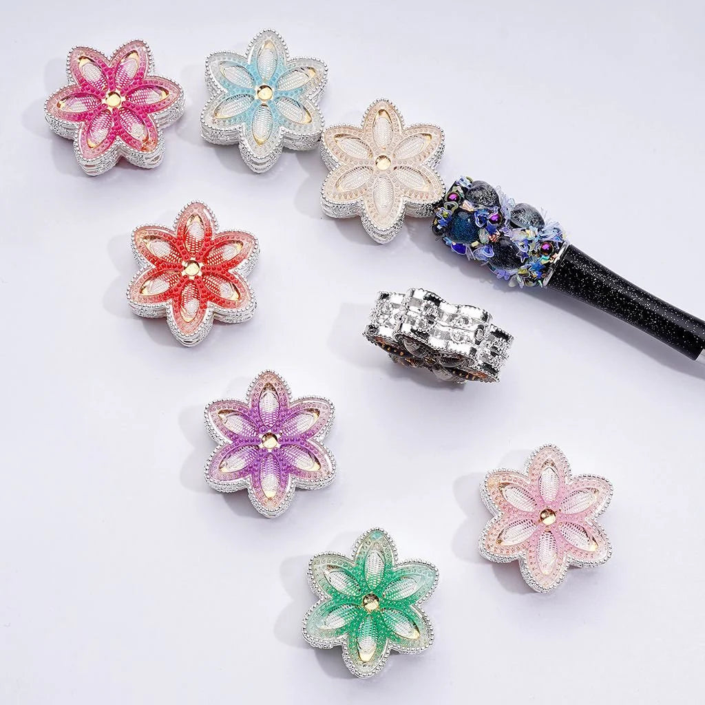z-Silver Metal Beads Fancy Hexapetalous Flower with Bling Bling Colorful & Shiny Rhinestones 32MM
