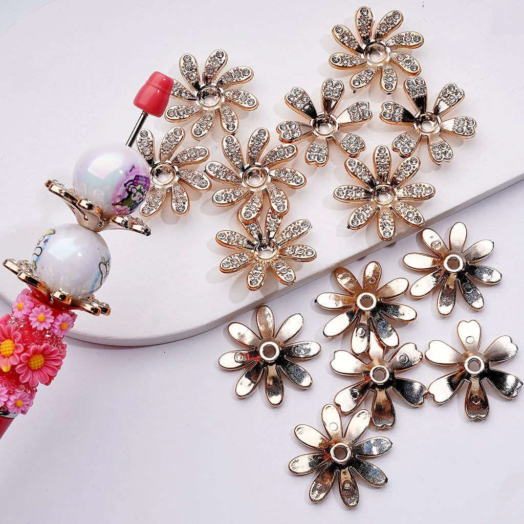 z-Gold Acrylic Cute Flower with Clear Rhinestones Jewelry Accessories Spacer, Around 30MM, Random Mix