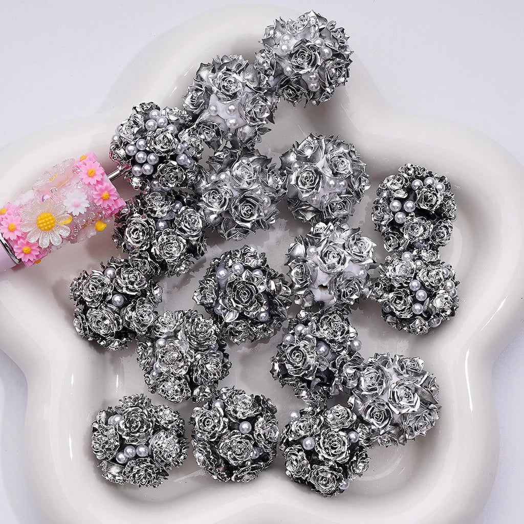 z-Fancy Shiny Silver Flowers White Pearls Round Clay Beads, 20MM