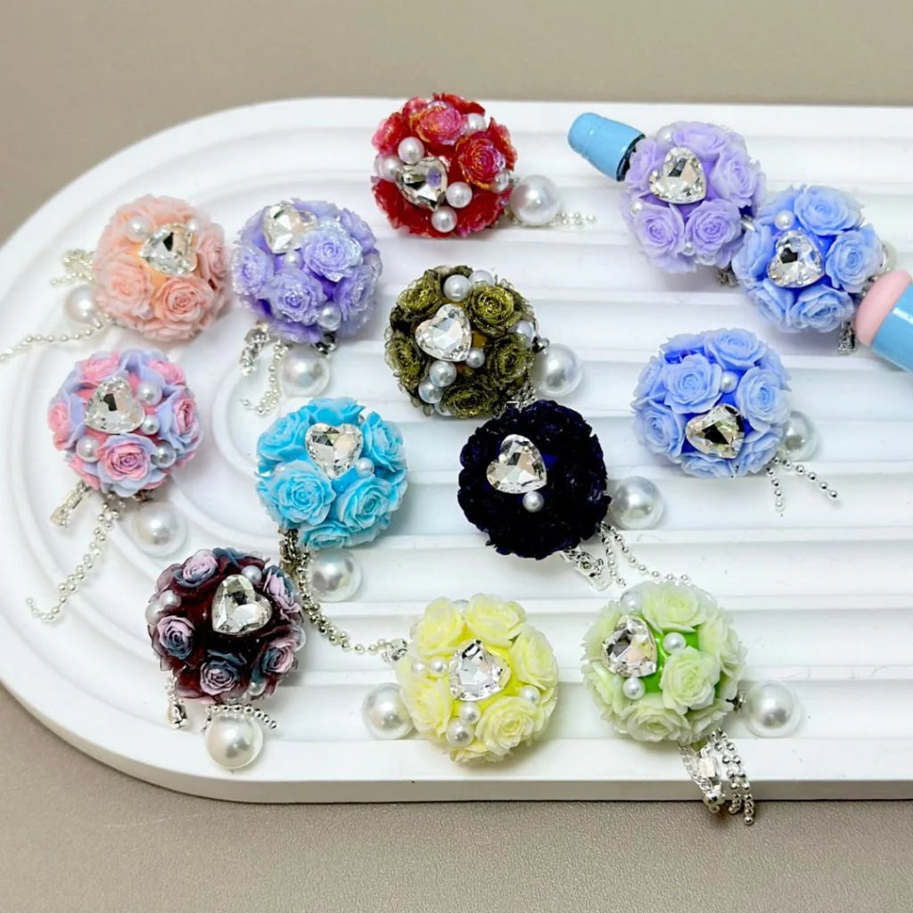z-Mini Cute Flowers Clear Heart Diamond Clear Rhinestone Chain White Pearl Pendant Round Clay Beads, Around 20MM, Please Read the Description