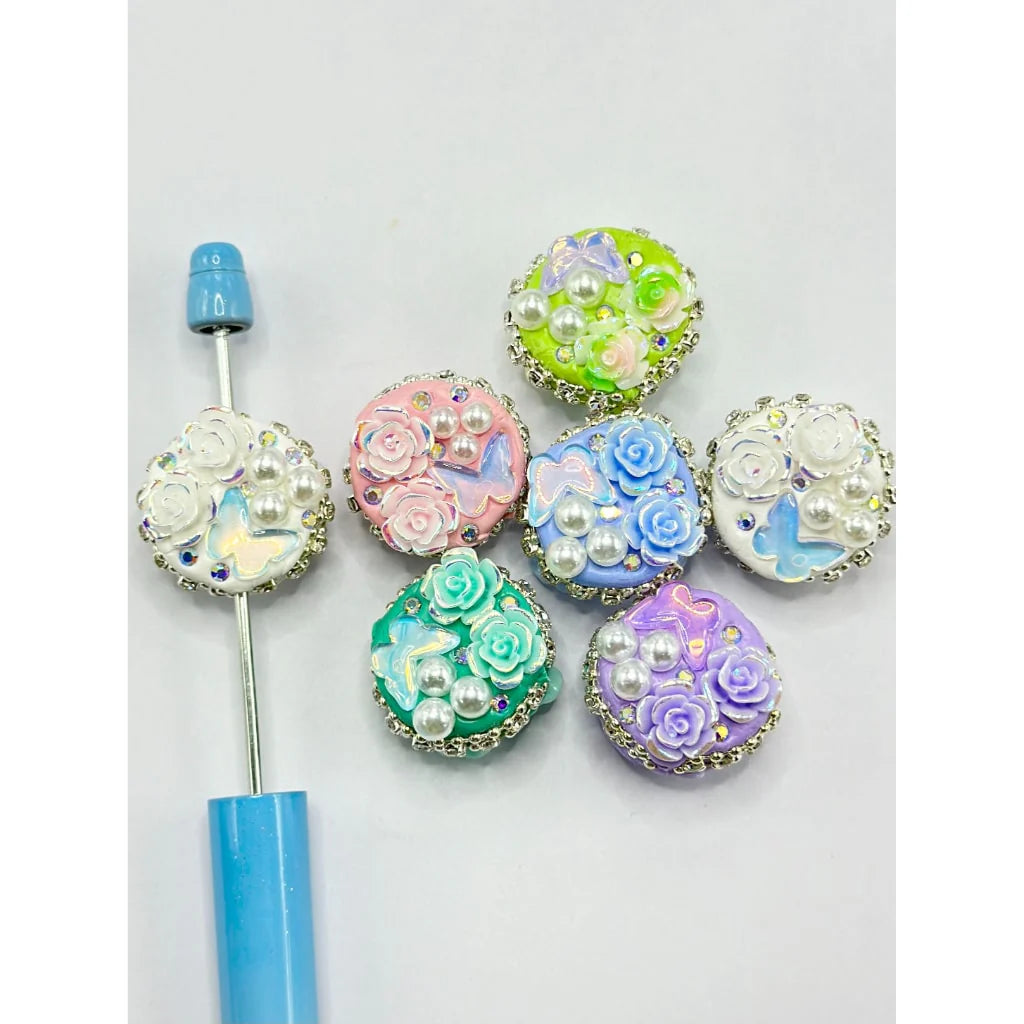 z-Bling Bling Flowers Butterflies White Pearls Rhinestone Chain Flat Round Clay Beads, Random Mix, 23MM