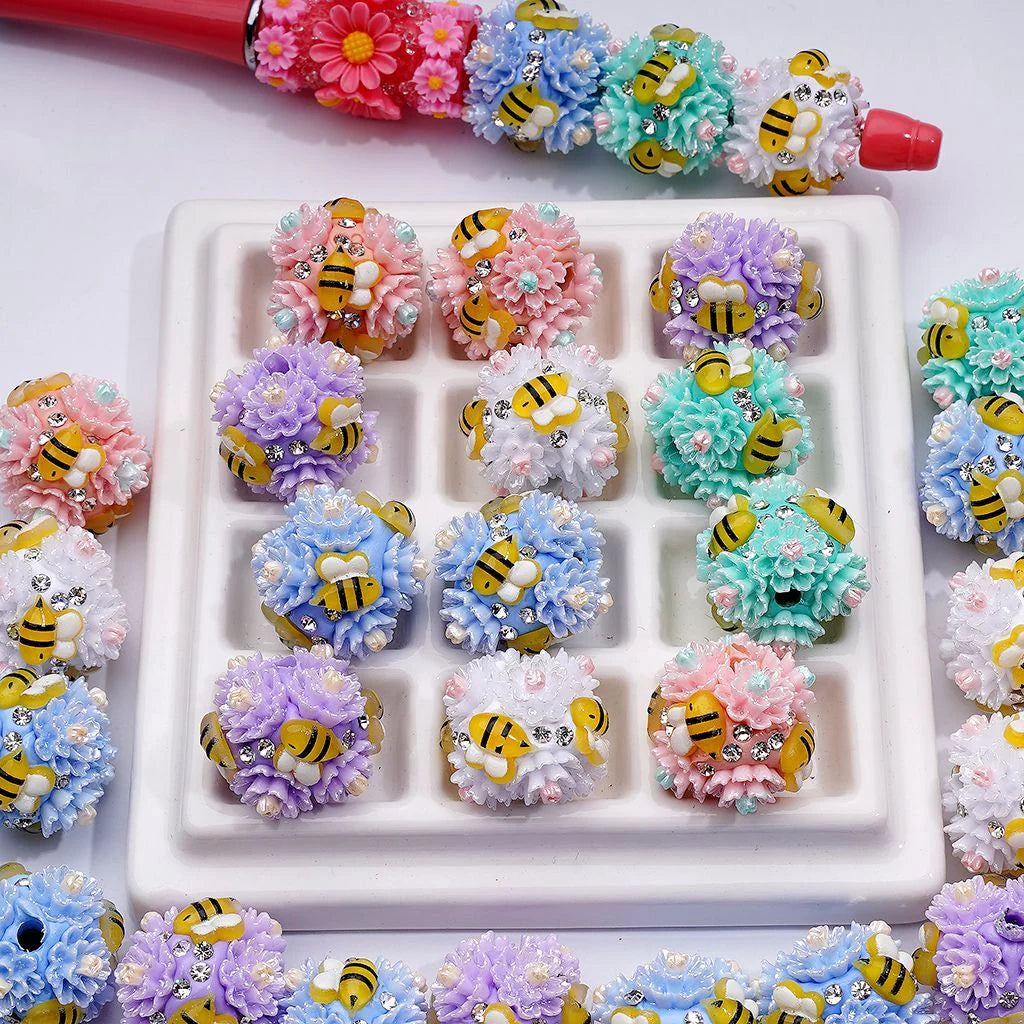 z-Mini Cute Bee Flowers Clear Rhinestones Round Clay Beads, Around 23MM, Random Mix