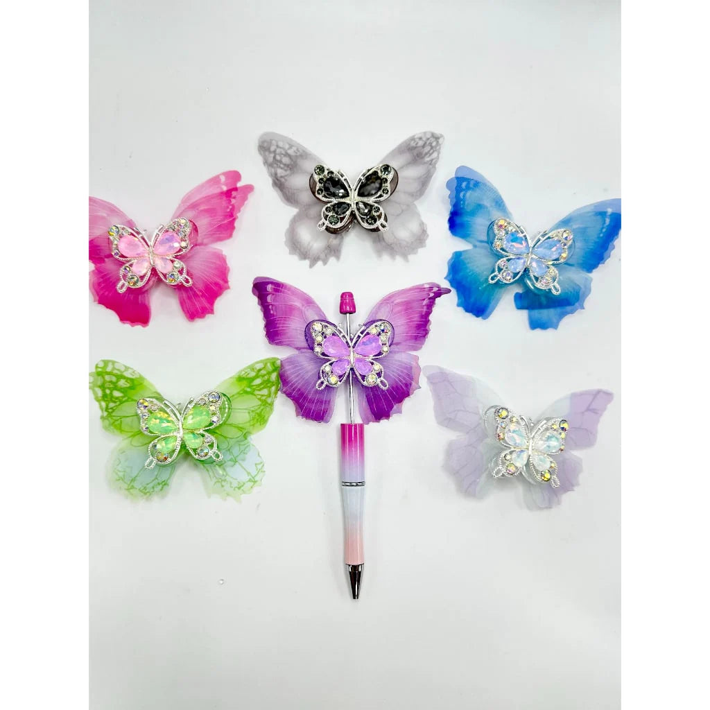 z-Silver Metal Beads Large Fabric Wings & Acrylic Butterfly with Diamond Rhinestones 40×38MM Random Mix