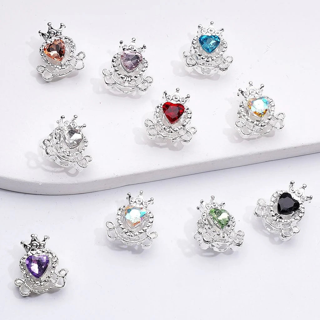 z-Silver Metal Beads Mini Fancy Crown with Shiny Hearts Rhinestones, 14*16MM