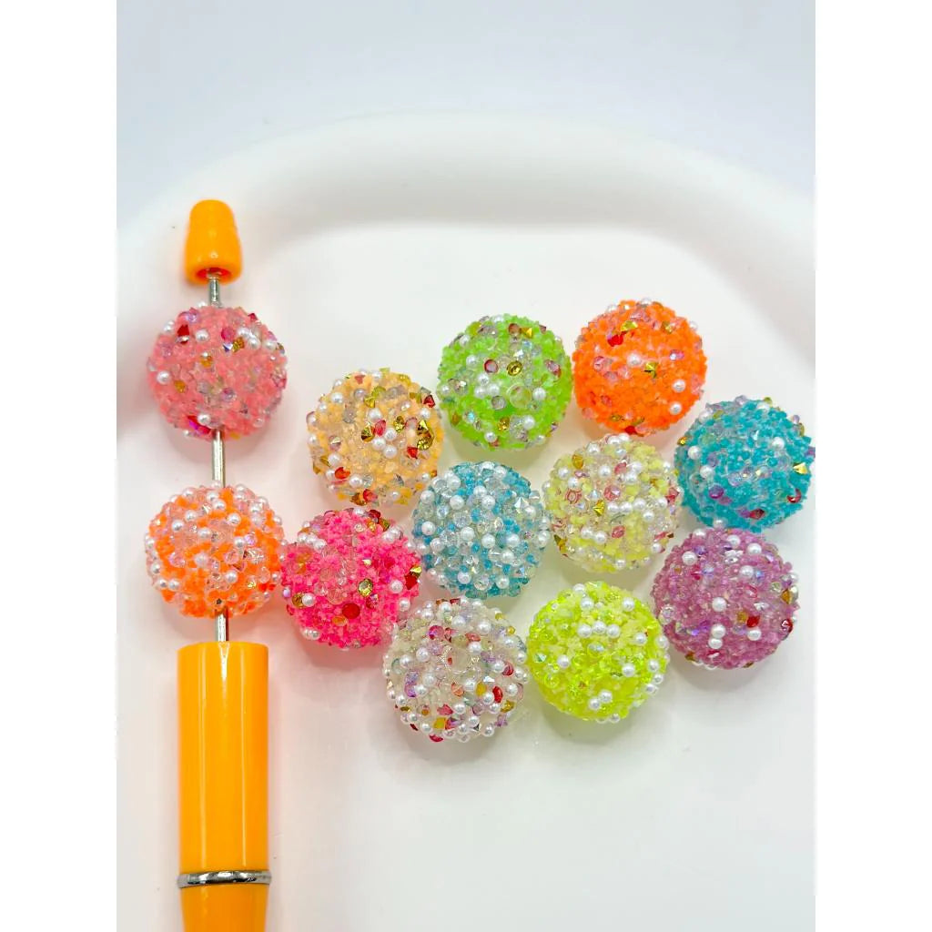 z-Luminous Sugar Acrylic Beads with Small White Pearls and Small Diamond Shape Rhinestones, 20mm, Random Mix Color