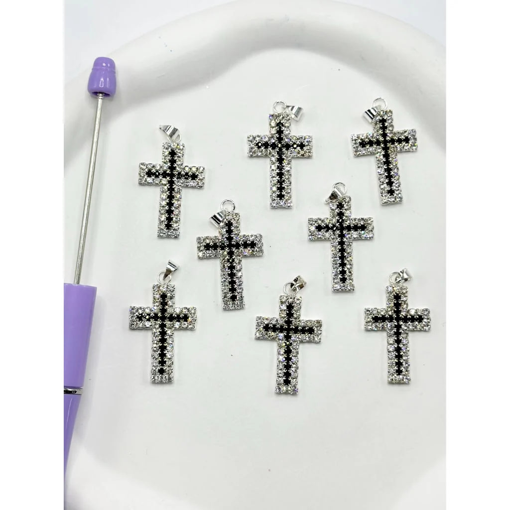z-Silver Metal Beads with Religious Cross Shape and Rhinestones Charm,32*19MM
