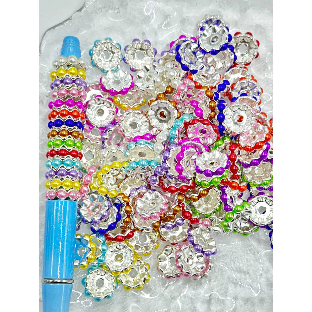 z-Silver Metal Wavey Shape Spacers with Pearls in Solid Colors, Random Mix, 12MM