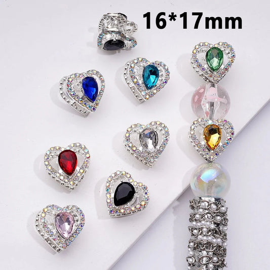 z-Silver Metal Beads Heart Shape with Colorful & AB Rhinestones, 16*17 MM Random Mix