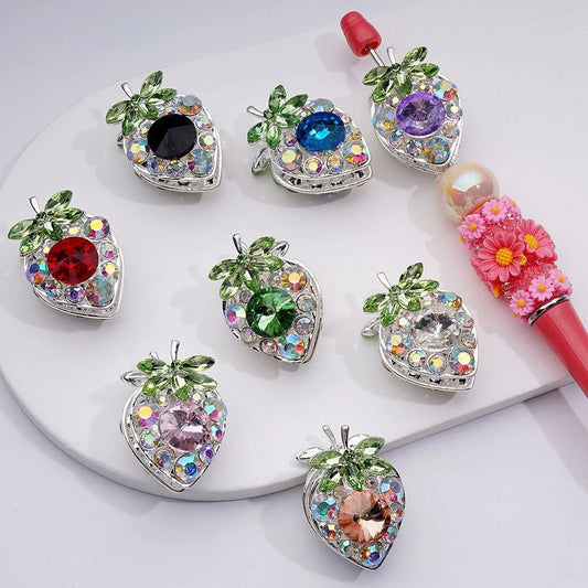 z-Silver Metal Beads Multi-Color Cone Shape Fancy Strawberry & Green Leaf AB Rhinestones, 22*33MM