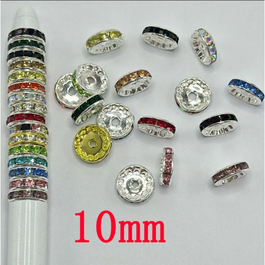 z-Straight Flat Round Metal Spacers with Rhinestones in Solid Colors, 10mm