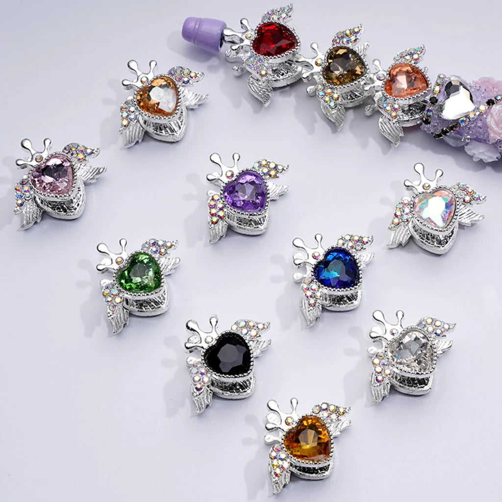 z-Silver Metal Beads with Bling Bling Large Heart Inside Fancy Heart Angel Crown and Mini AB Rhinestones 25×20MM