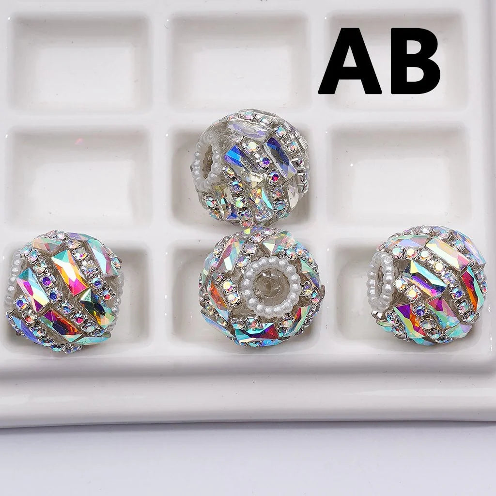 z-Spiral Style Shiny Rectangle & AB Rhinestones Chains White Pearls Loop Acrylic Beads, 20MM