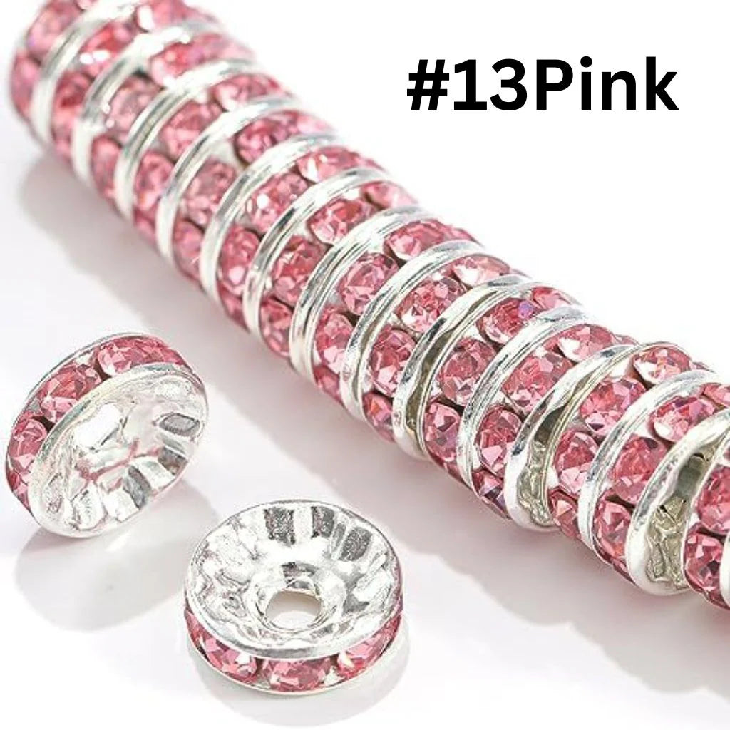 z-Flat Round Metal Spacers with Rhinestones, Straight, 12 mm