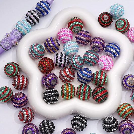 z-Double Color Shiny Rhinestones Stripes Round Acrylic Beads, 20MM