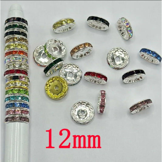 z-Flat Round Metal Spacers with Rhinestones, Straight, 12 mm