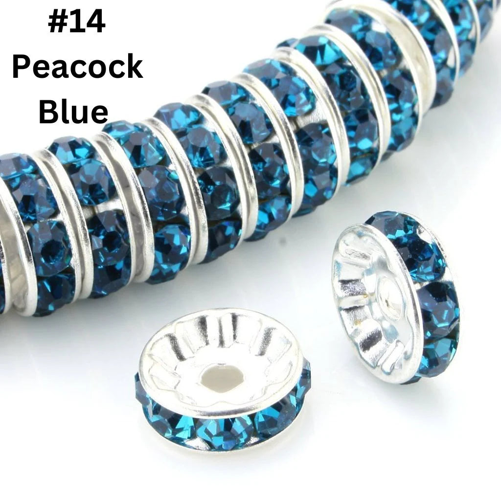 z-Flat Round Metal Spacers with Rhinestones, Straight, 12 mm