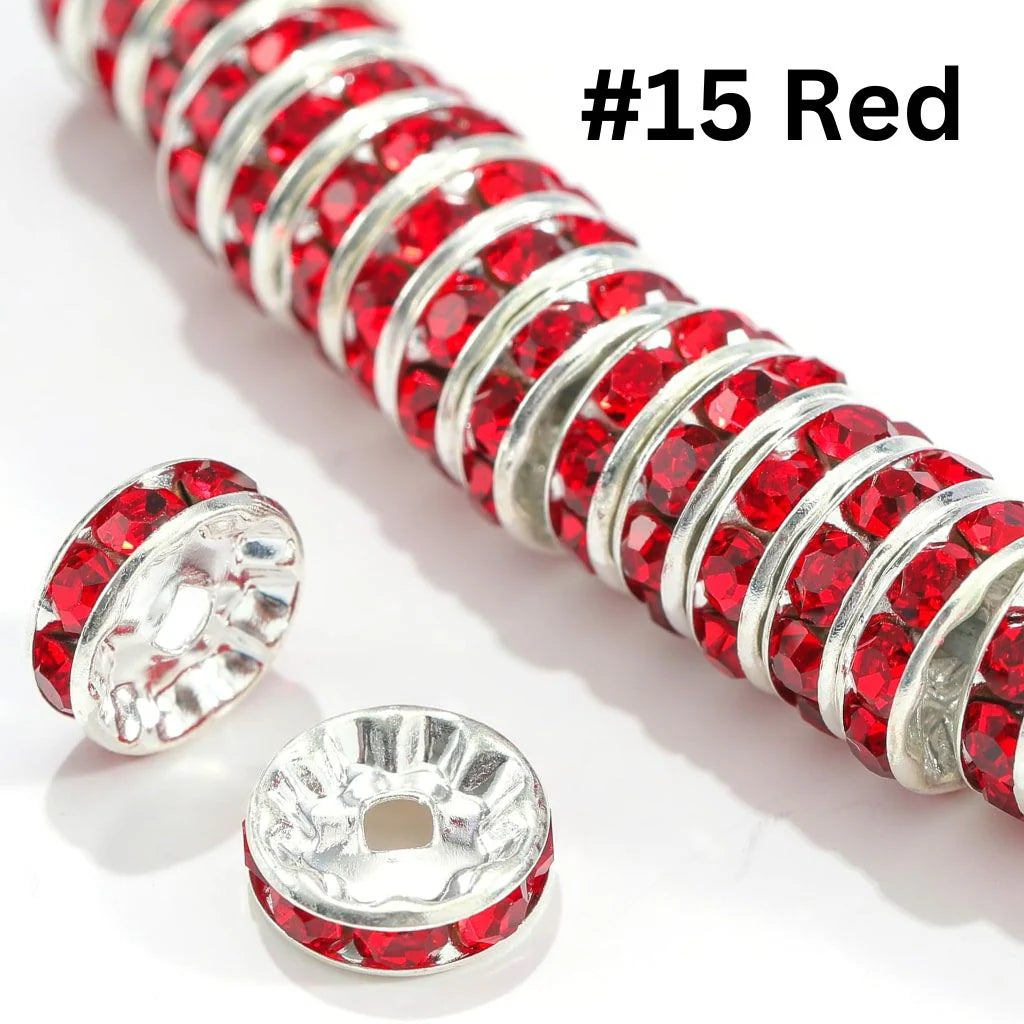 z-Flat Round Metal Spacers with Rhinestones, Straight, 12 mm
