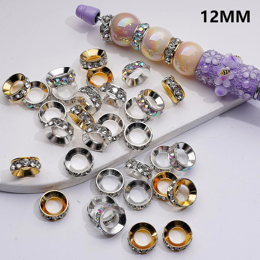 z-Gold & Silver Metal Beads Large Hole Ring Spacer with AB Clear Rhinestones, 12MM