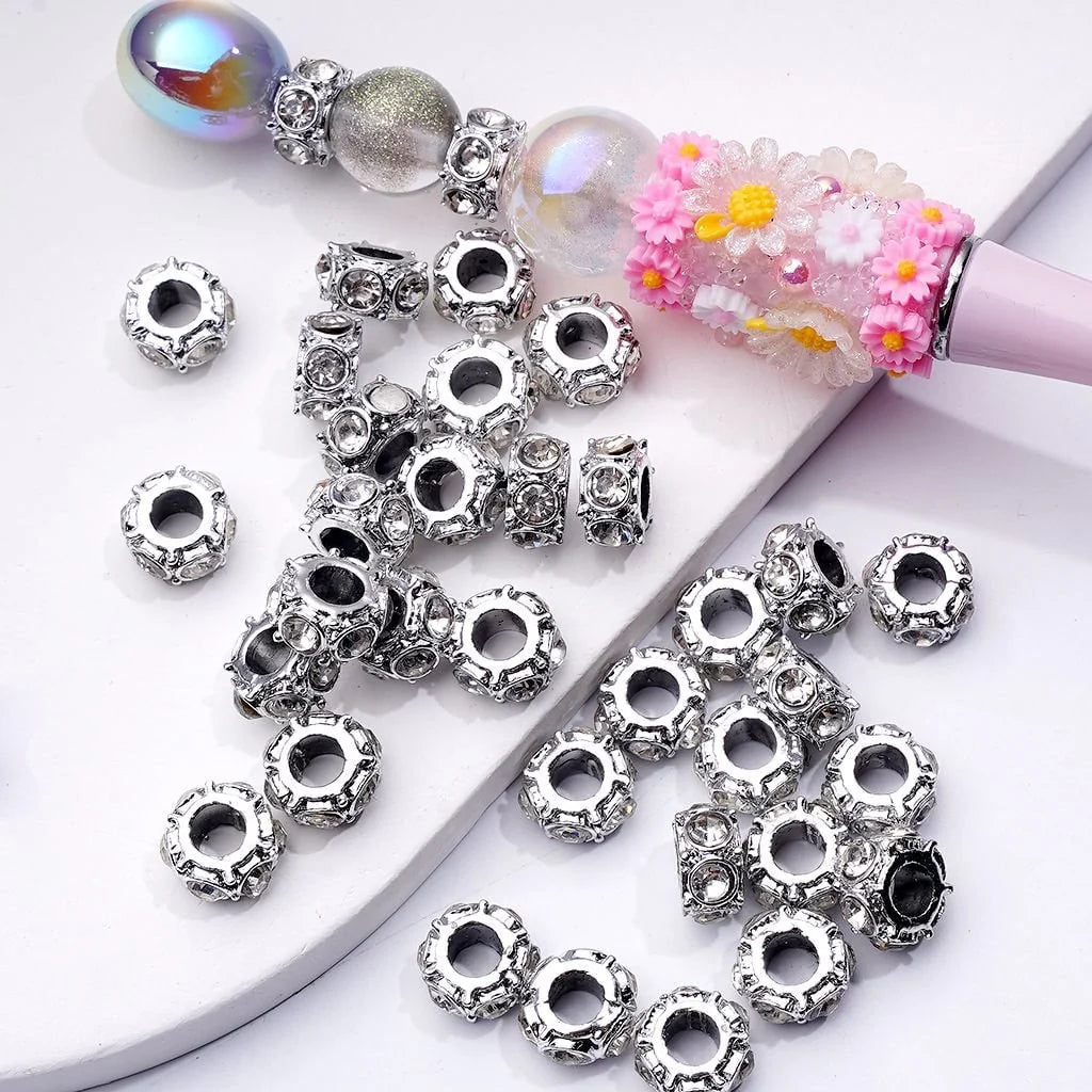 z-Silver Metal Beads Mini Round Spacer with Clear Rhinestones, 10MM