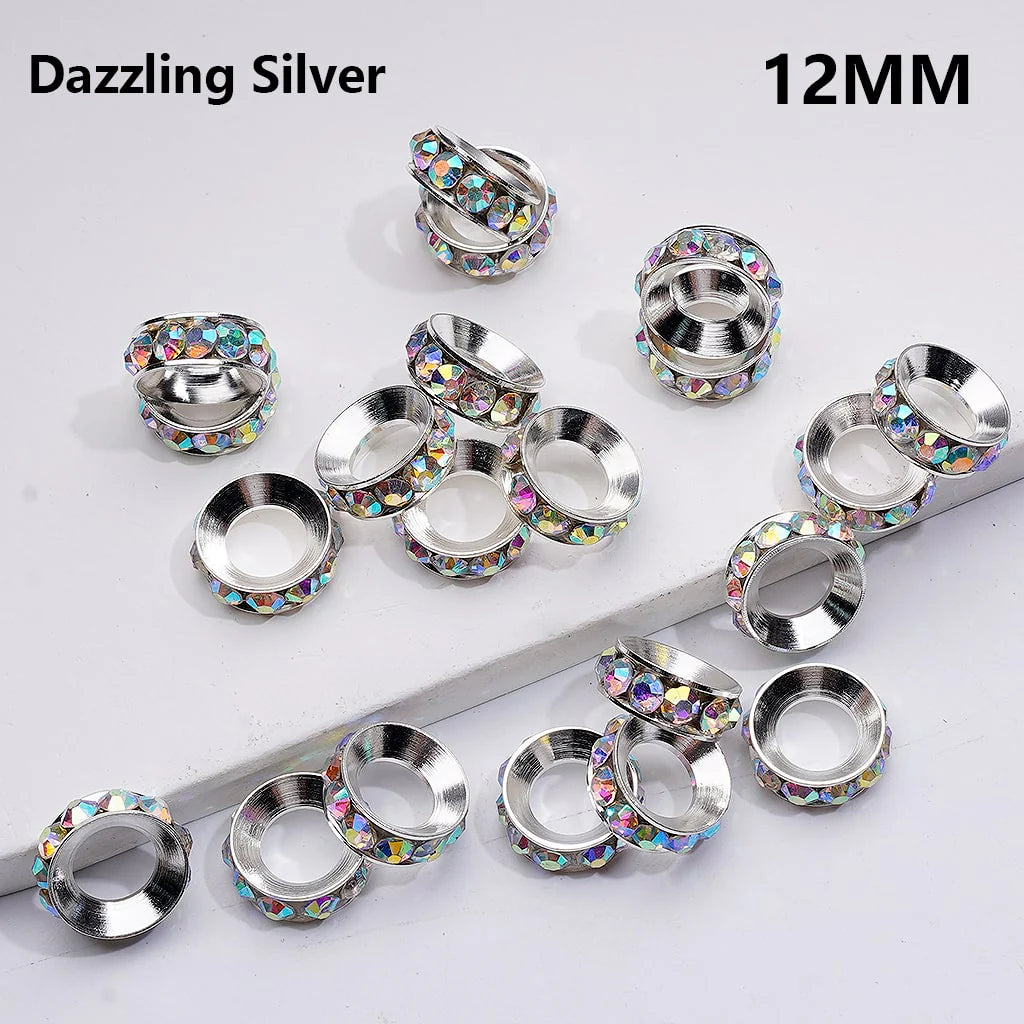 z-Gold & Silver Metal Beads Large Hole Ring Spacer with AB Clear Rhinestones, 12MM
